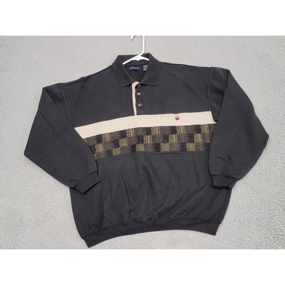 Vintage 80s Knit Polo Sweatshirt Mens XL Black Check Wood Buttons‎ Sweater Panel